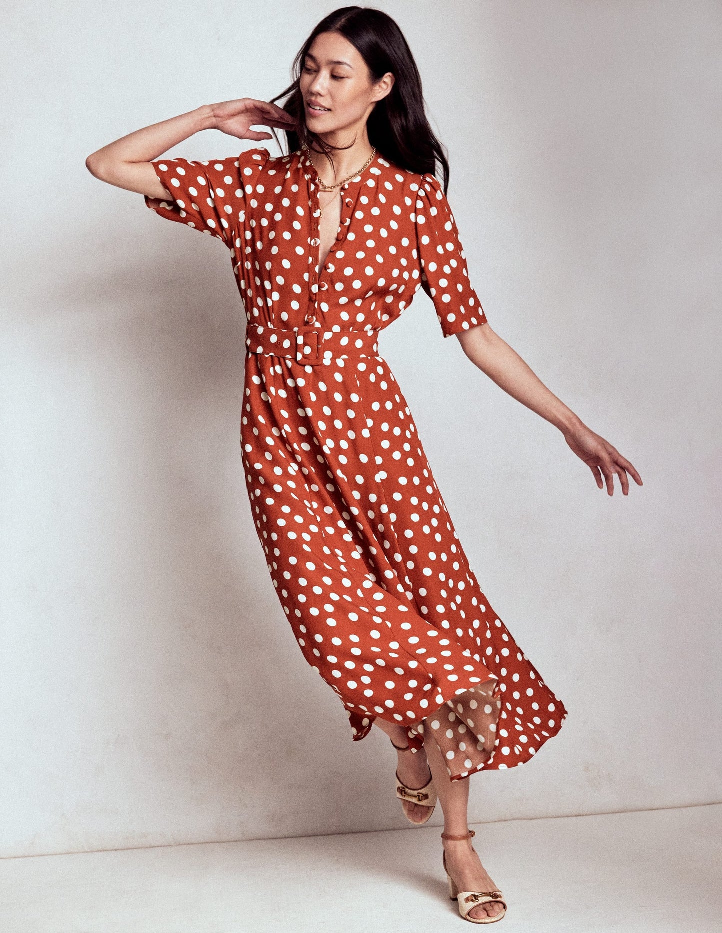 Kate Puff Sleeve Belted Dress-Brown, Painted Dot