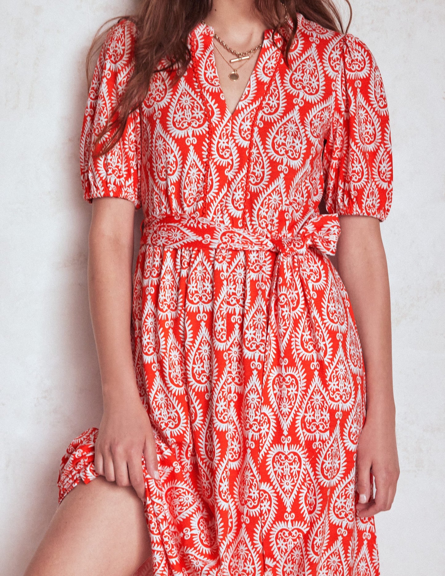 Sofia Trim Jersey Midi Dress-Firecracker Red, Ornate Geo