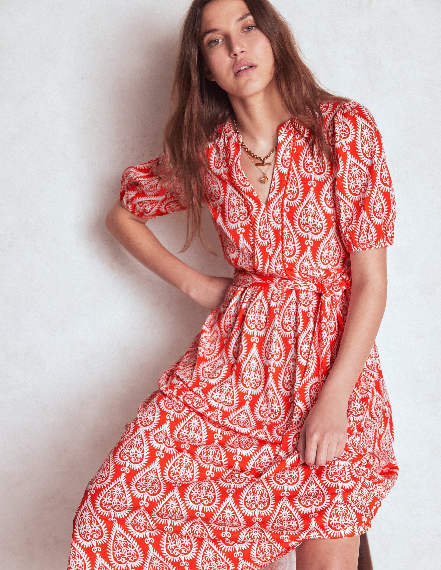Sofia Trim Jersey Midi Dress-Firecracker Red, Ornate Geo