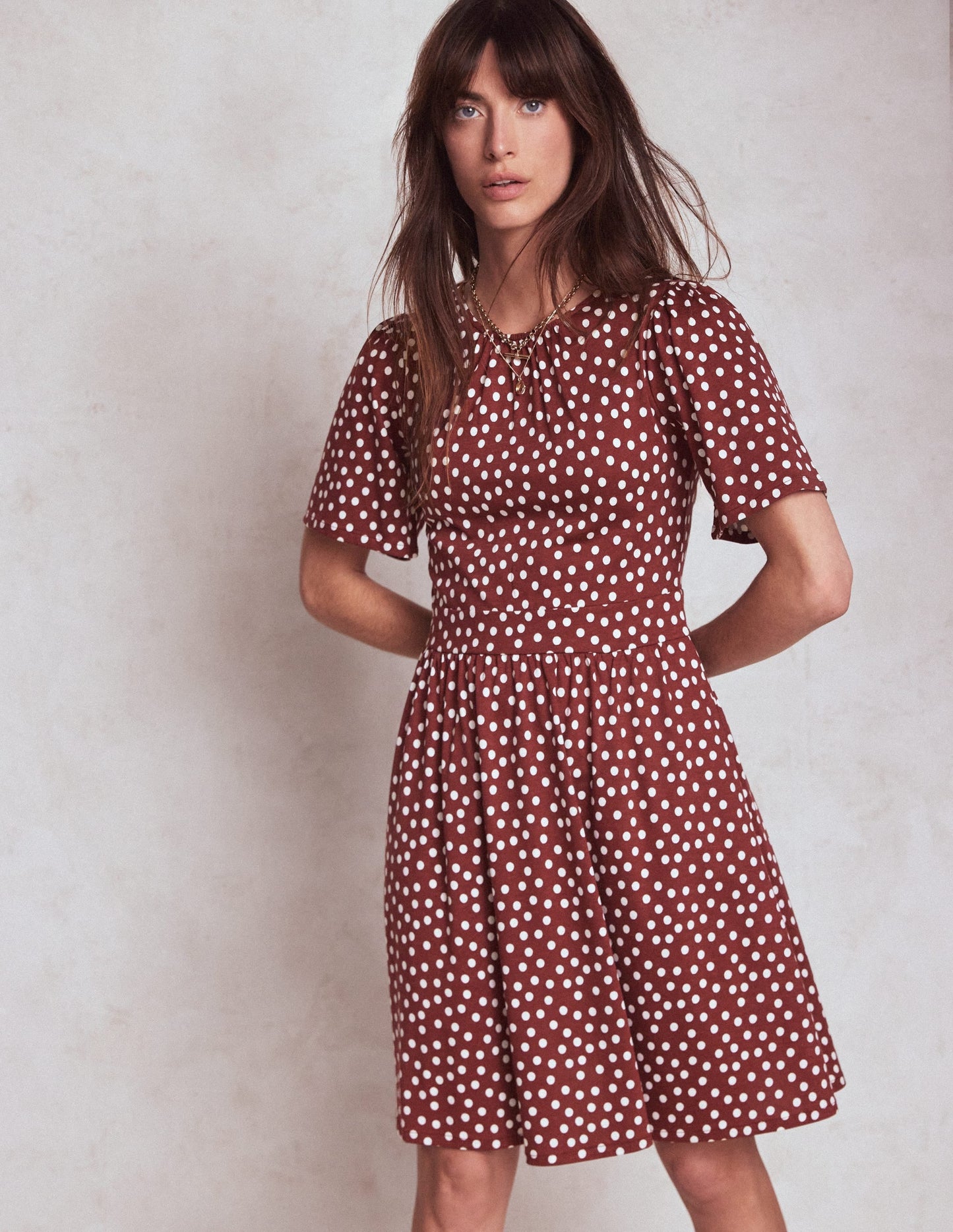 Louisa Short Jersey Dress-Chestnut, Painted Dot