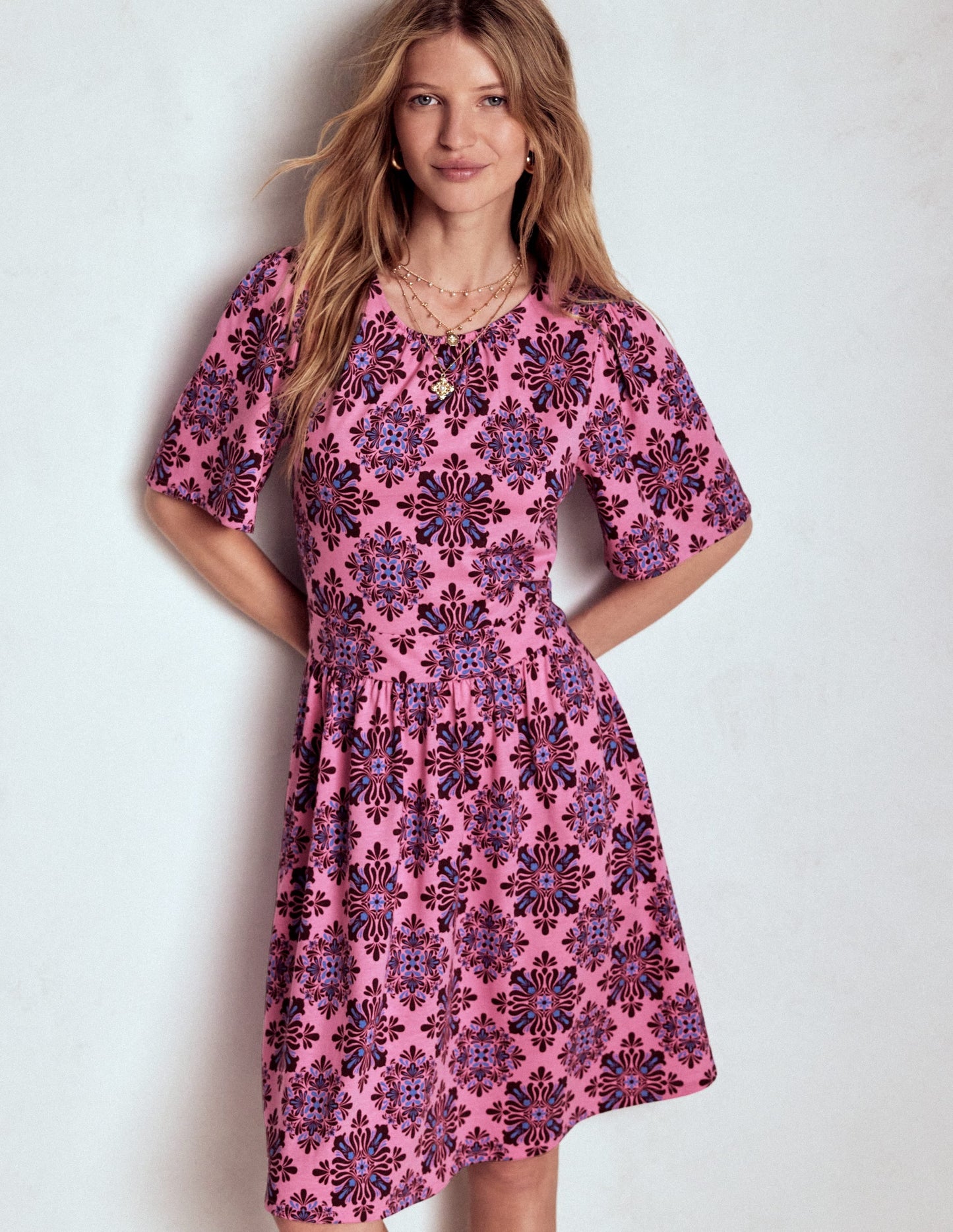 Louisa Short Jersey Dress-Pink Lemonade, Bloom Mosaic