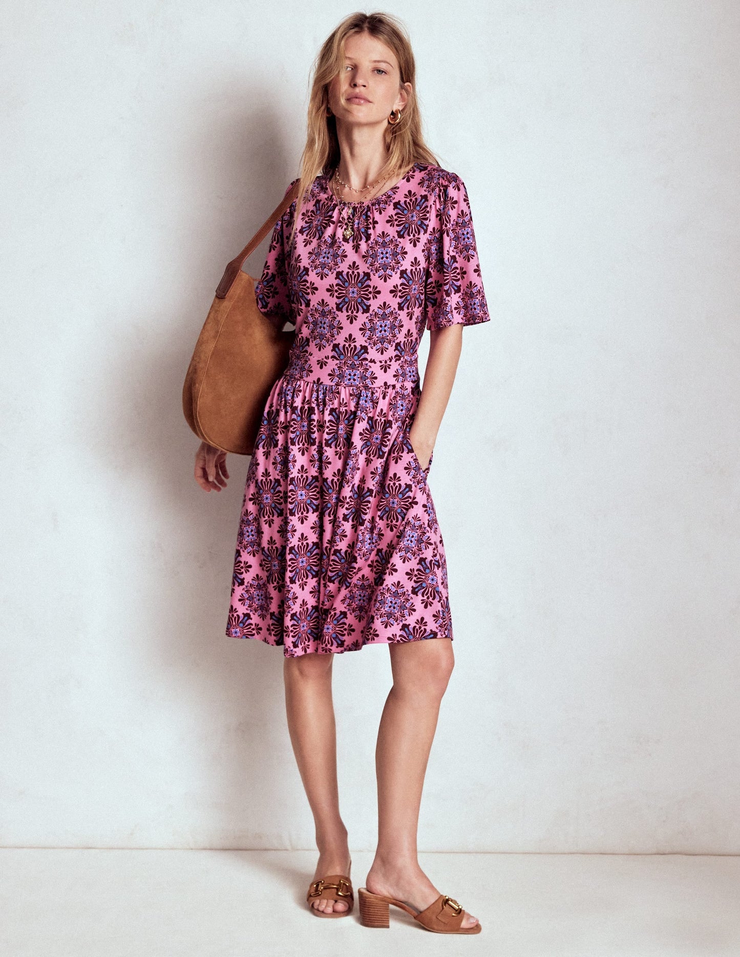 Louisa Short Jersey Dress-Pink Lemonade, Bloom Mosaic