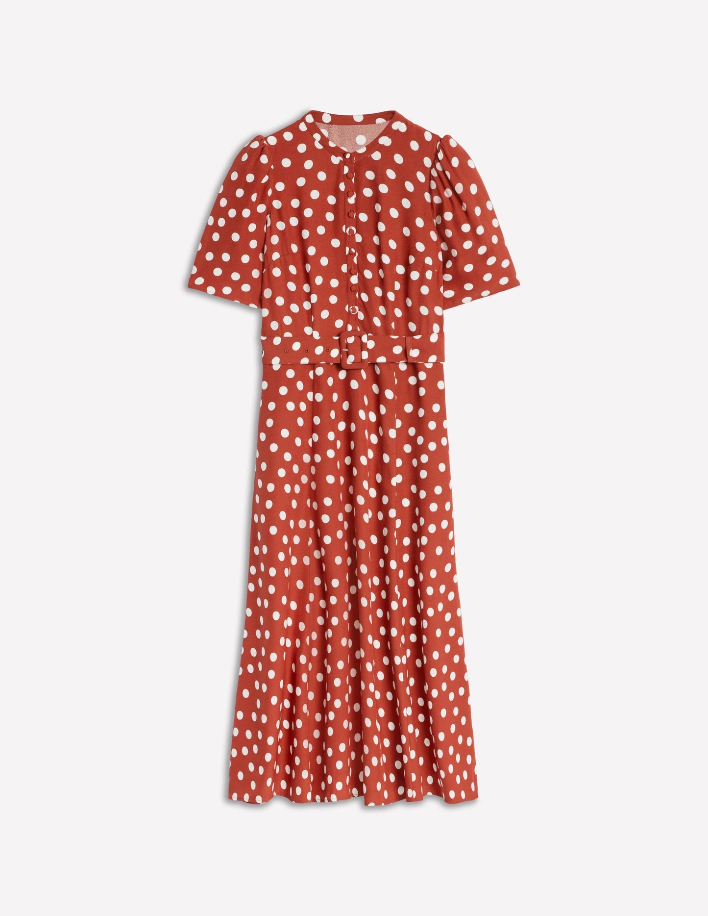 Kate Puff Sleeve Belted Dress-Brown, Painted Dot