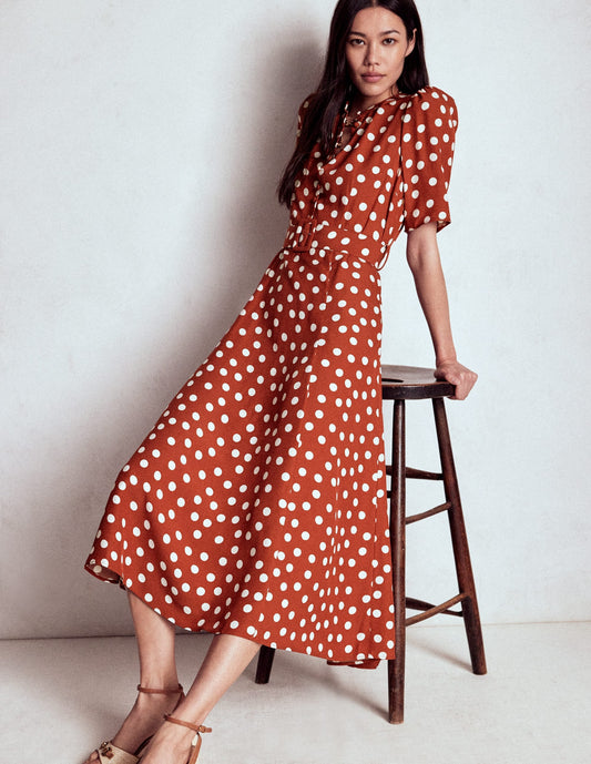 Kate Puff Sleeve Belted Dress-Brown, Painted Dot