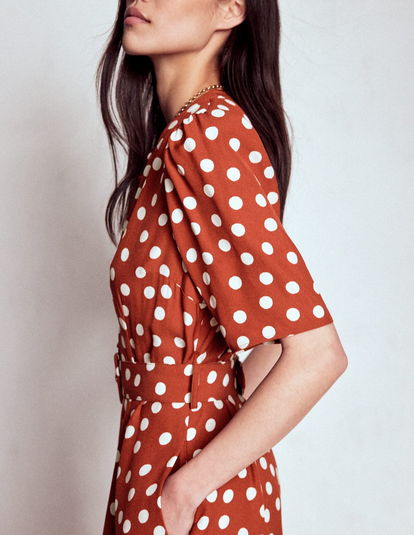 Kate Puff Sleeve Belted Dress-Brown, Painted Dot