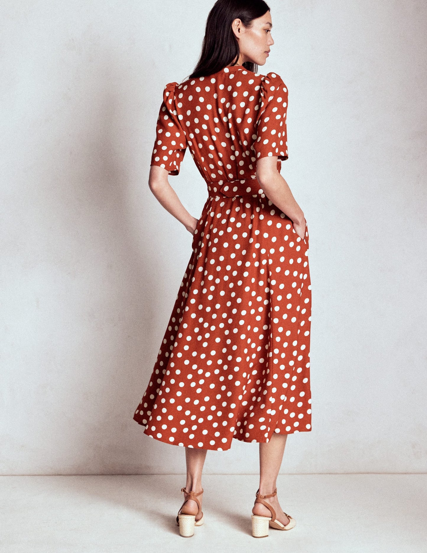 Kate Puff Sleeve Belted Dress-Brown, Painted Dot