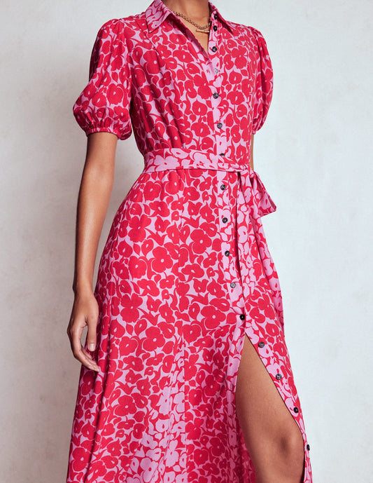 Alegra Midi Shirt Dress-Jewel Red, Leafy Grove