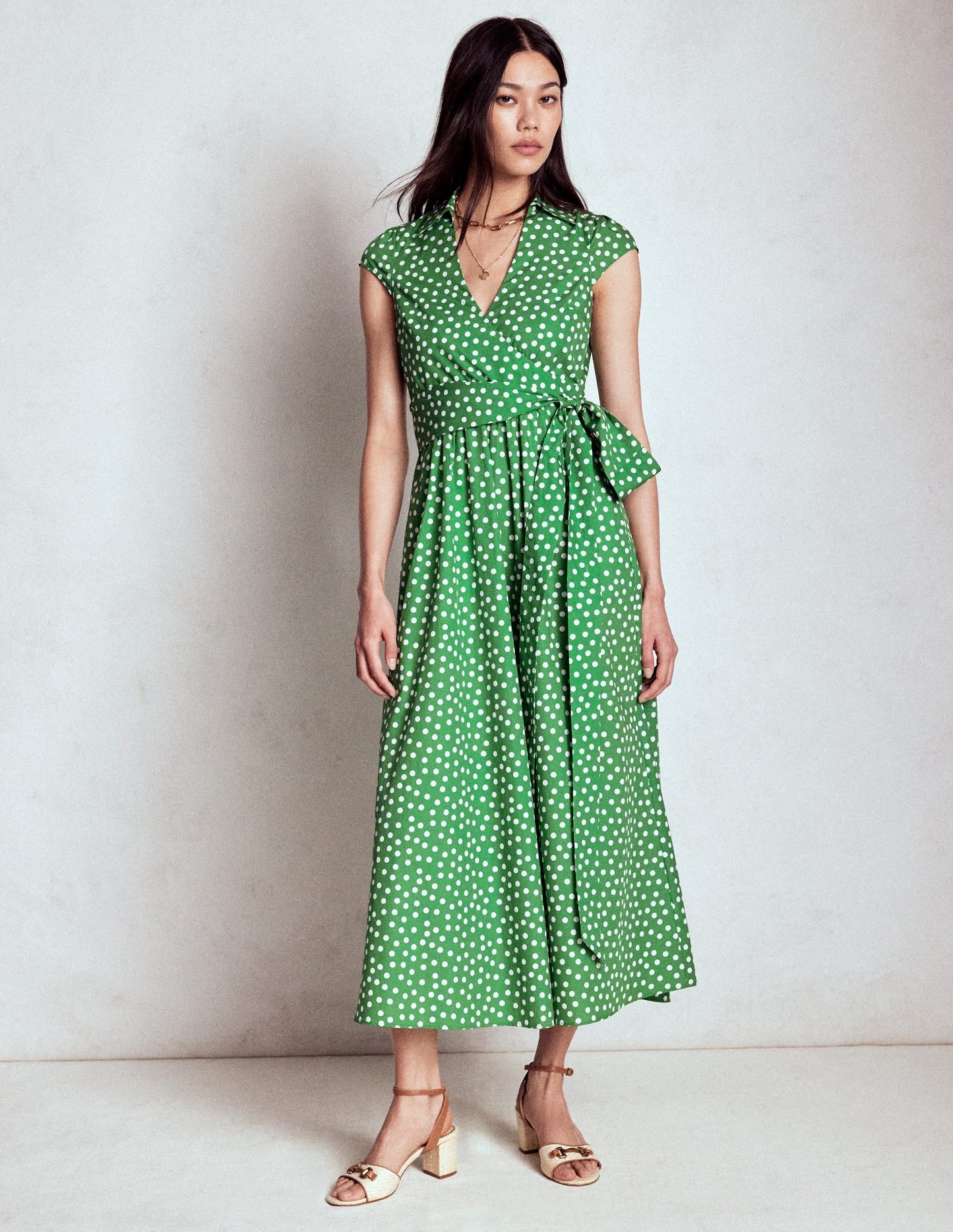 Julia Cotton Wrap Midi Dress-Highland Green, Painted Dot
