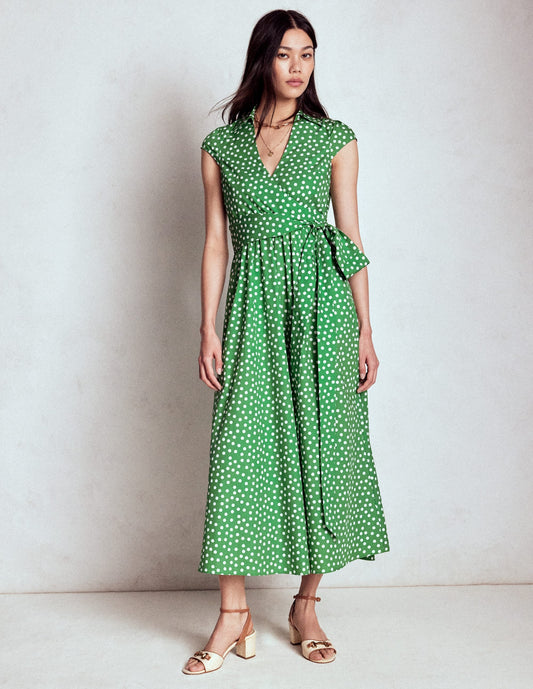 Julia Cotton Wrap Midi Dress-Highland Green, Painted Dot