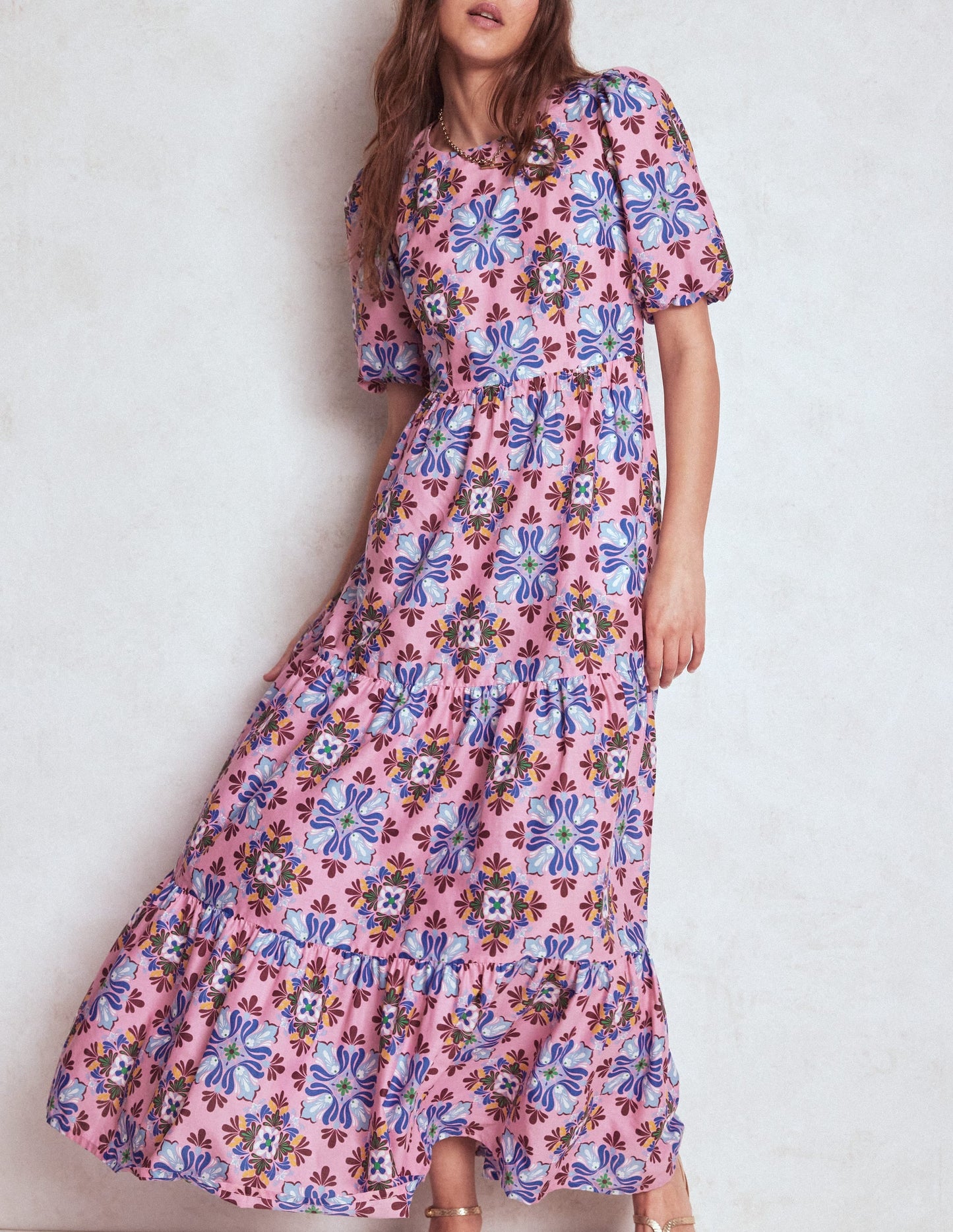 Tiered Poplin Maxi Dress-Formica Pink, Bloom Mosaic