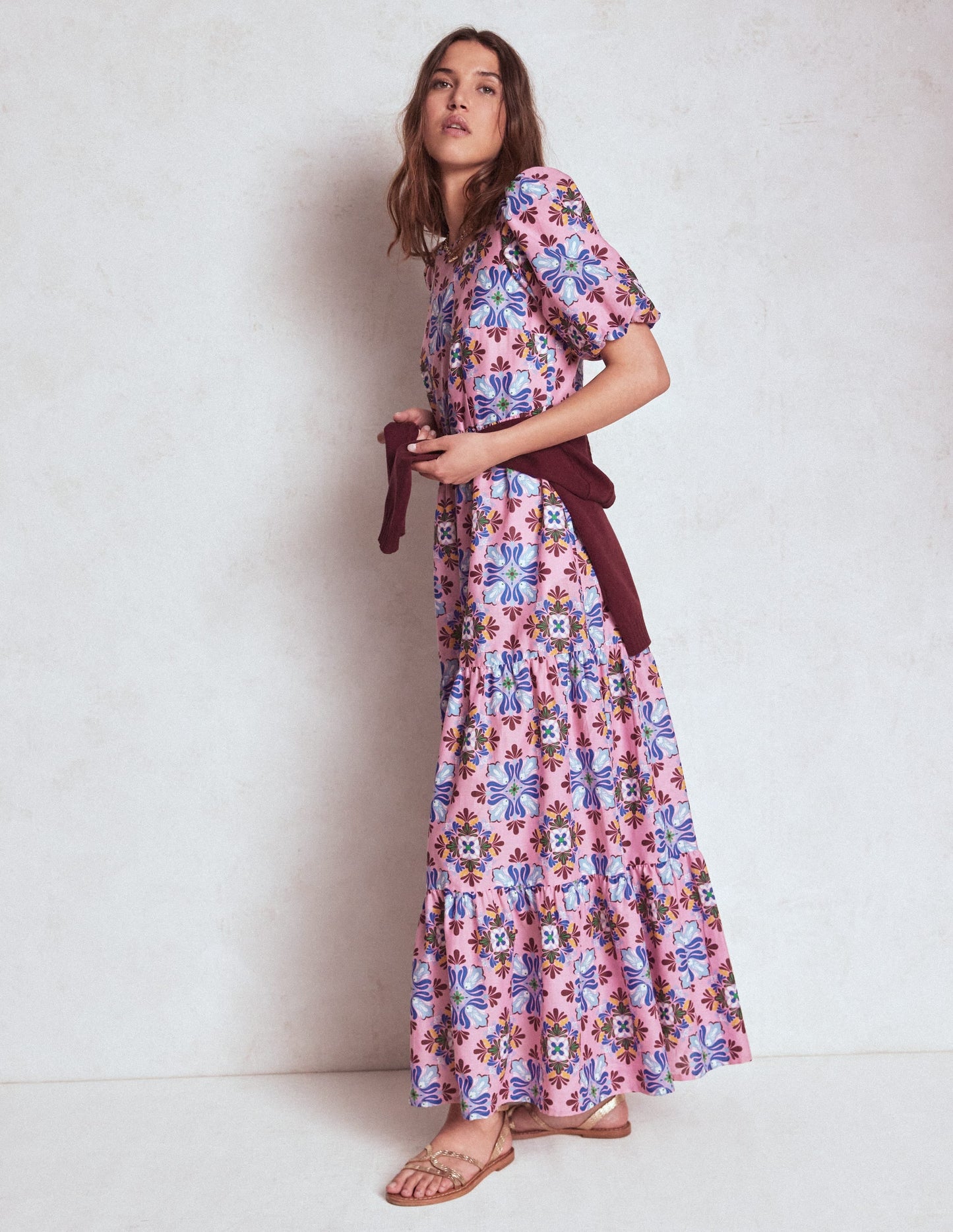 Tiered Poplin Maxi Dress-Formica Pink, Bloom Mosaic