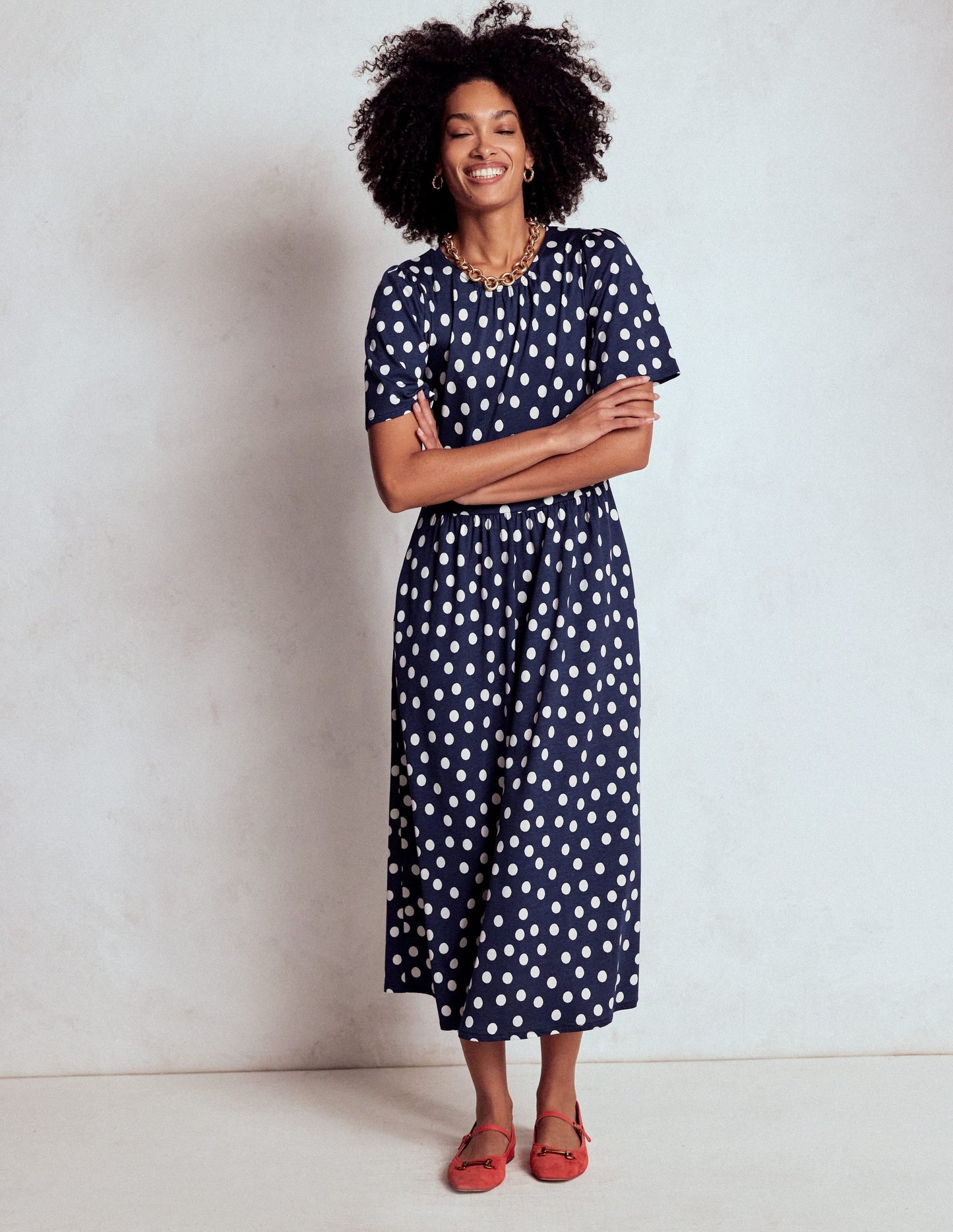 Louisa Jersey Midi Dress-French Navy, Painted Dot