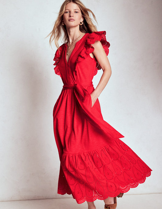 Ruffle Detail Tier Midi Dress-Poppy Red