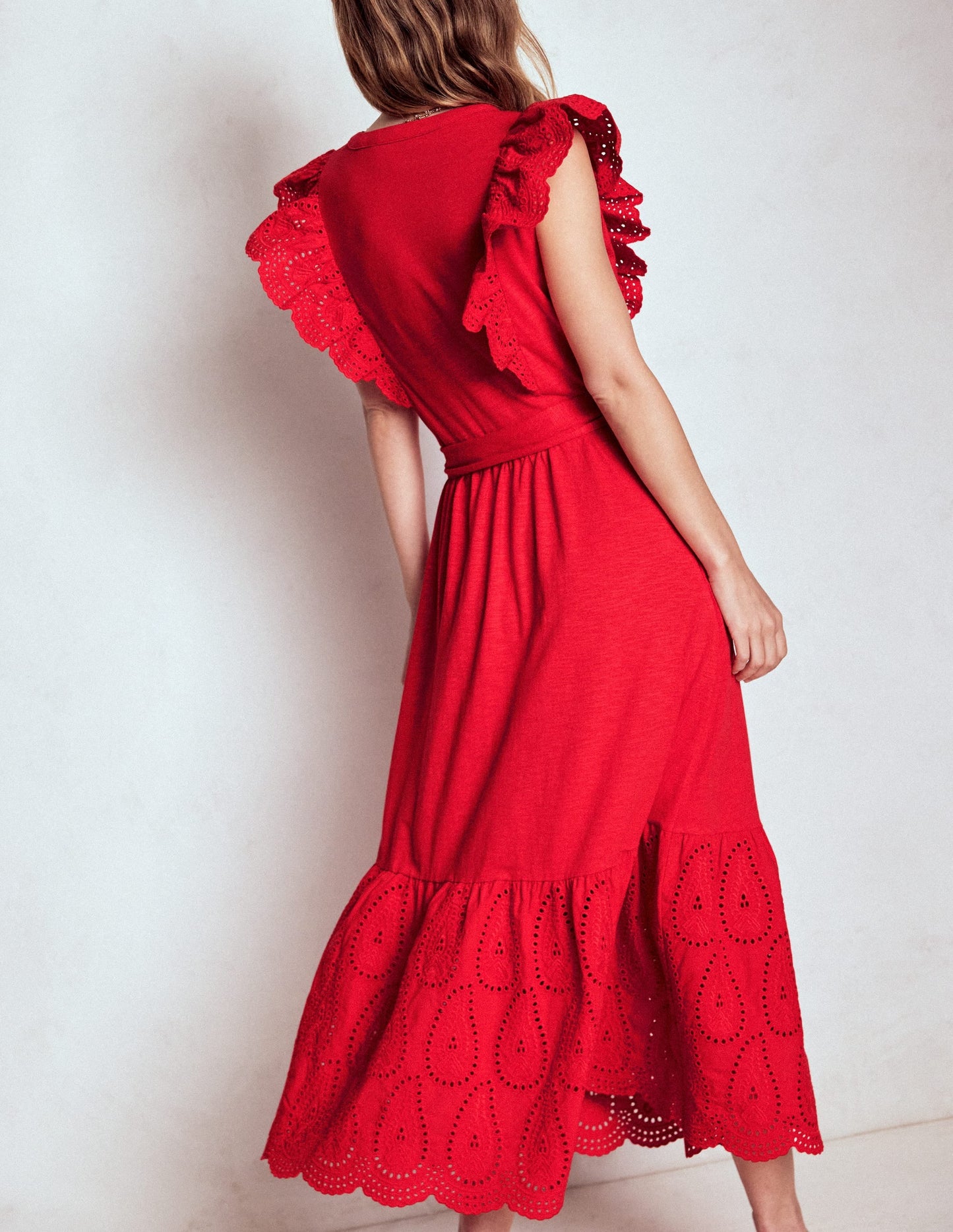 Ruffle Detail Tier Midi Dress-Poppy Red