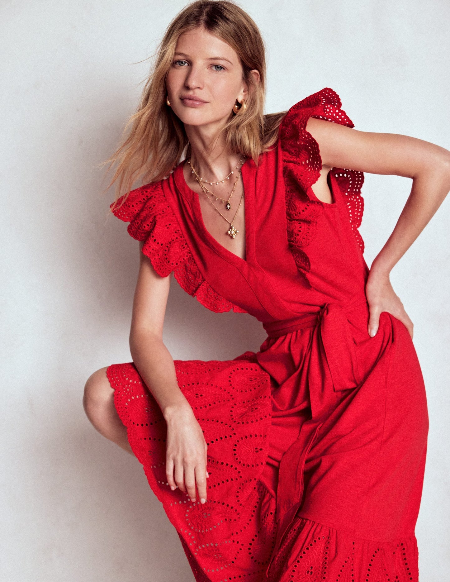 Ruffle Detail Tier Midi Dress-Poppy Red