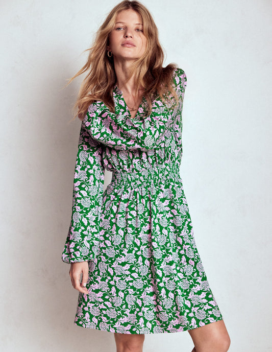Sarah Short Jersey Dress-Rich Emerald, Ornate Vine