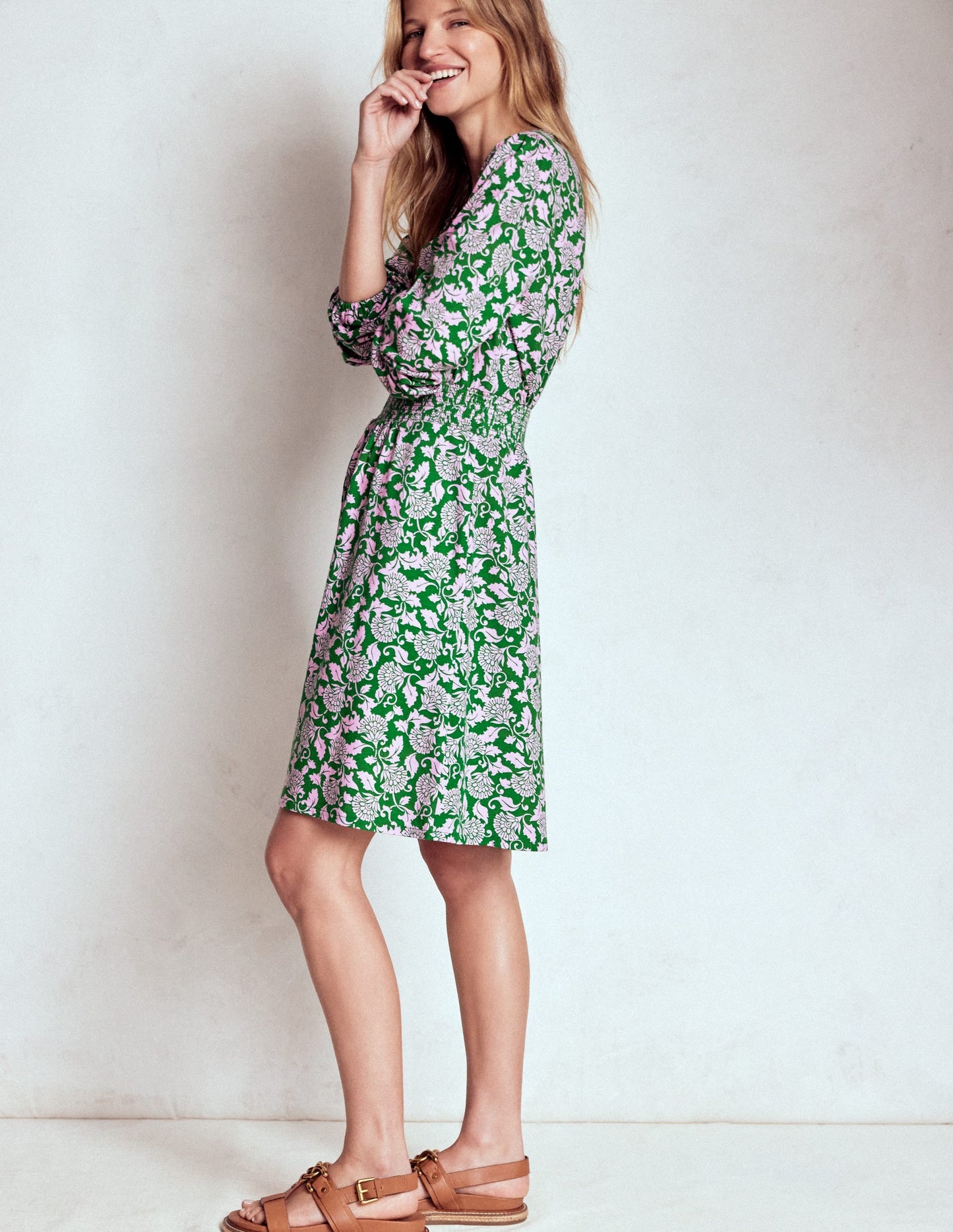 Sarah Short Jersey Dress-Rich Emerald, Ornate Vine